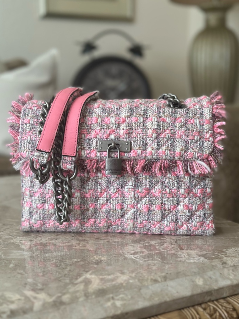 Kurt Geiger London “The Brixton” Tweed Chain Shoulder Bag – Pink & Gray Bouclé